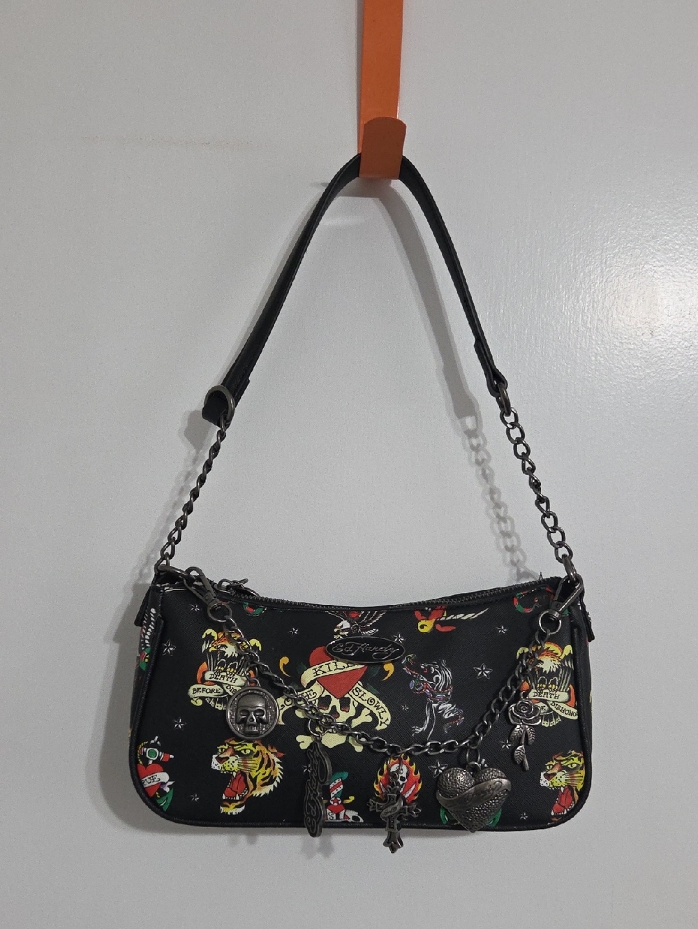 Ed Hardy Black Tattoo-Print Shoulder Bag with Charms
